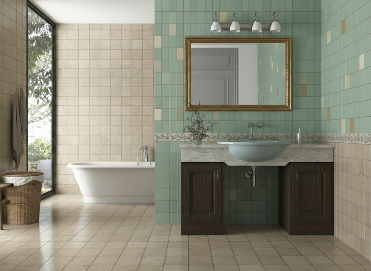 Kitchen before renovation - outdated tiles and layout